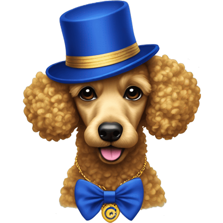 Royal Blue and gold rainbow poodle wearing a royal blue and gold fedora emoji