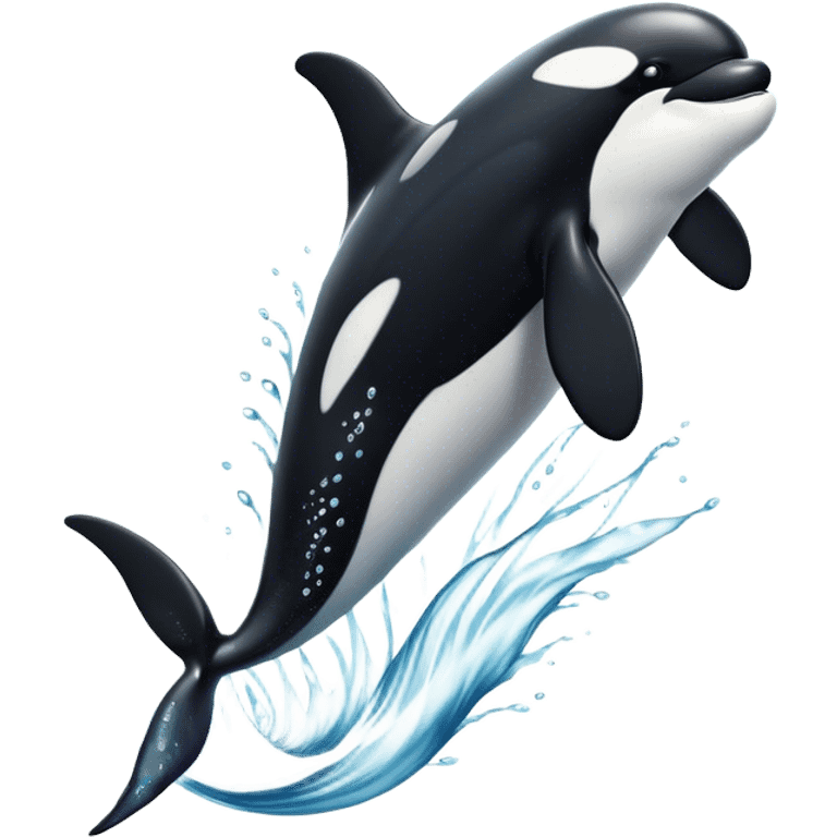 Meme-Worthy Breaching orca Portrait Emoji, Bursting powerfully out of the ocean with an impressive, high-energy leap, showcasing a sleek black-and-white body glistening with water droplets and dynamic, arched posture, Simplified yet exhilaratingly expressive features, highly detailed, glowing with a vibrant marine energy, high shine, bold and full of life, stylized with an air of untamed ocean spirit, soft glowing outline, capturing the essence of an orca mid-breach, radiating pure, unstoppable aquatic power! emoji