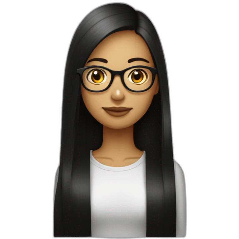 une fille avec de long cheveux noir lisse, et avec des lunette (en forme de carrer un peu déformé) assez grosse comparer a ça tête , portant un pull noir emoji