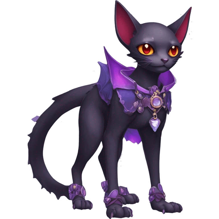 cool kawaii edgy black purple red ethereal fantasy beautiful elegant nargacuga-bat-cat-Fakemon wearing legs spats a collar harness with jewelries full body emoji