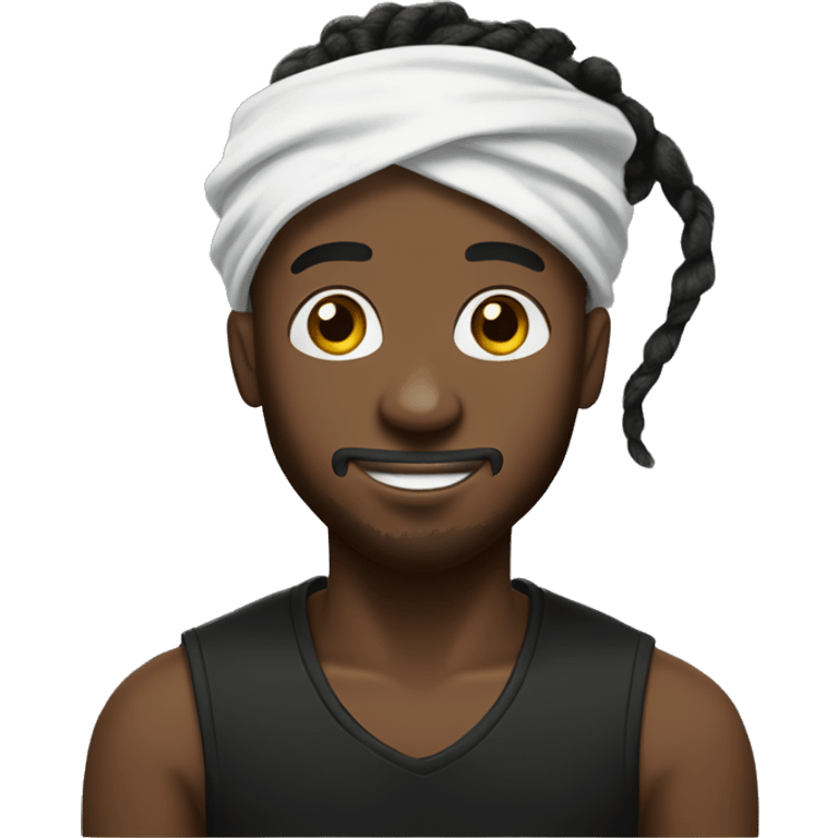 Black man with a dreadlock bun with a under cut with a white and black bandana on his head with black t shirt emoji