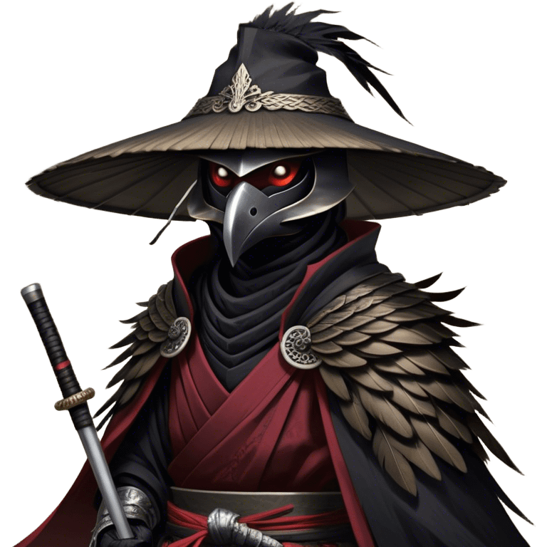 A fierce Kenku samurai with sleek black feathers, piercing crimson eyes glowing under the shadow of his straw hat. His sharp beak is partially covered by a black cloth mask, adding to his air of mystery. He wears layered black and crimson armor, intricate silver engravings etched into the metal plates. A long, tattered cloak billows behind him, worn from countless battles. His clawed hands grip the hilt of a curved katana, its polished blade reflecting the moonlight. Wisps of mist swirl around his taloned feet as he stands motionless emoji