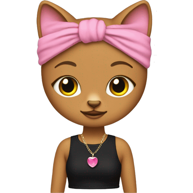 Cat with pink crop top and flared black jeans wearing earrings a neclace and a pink headband emoji