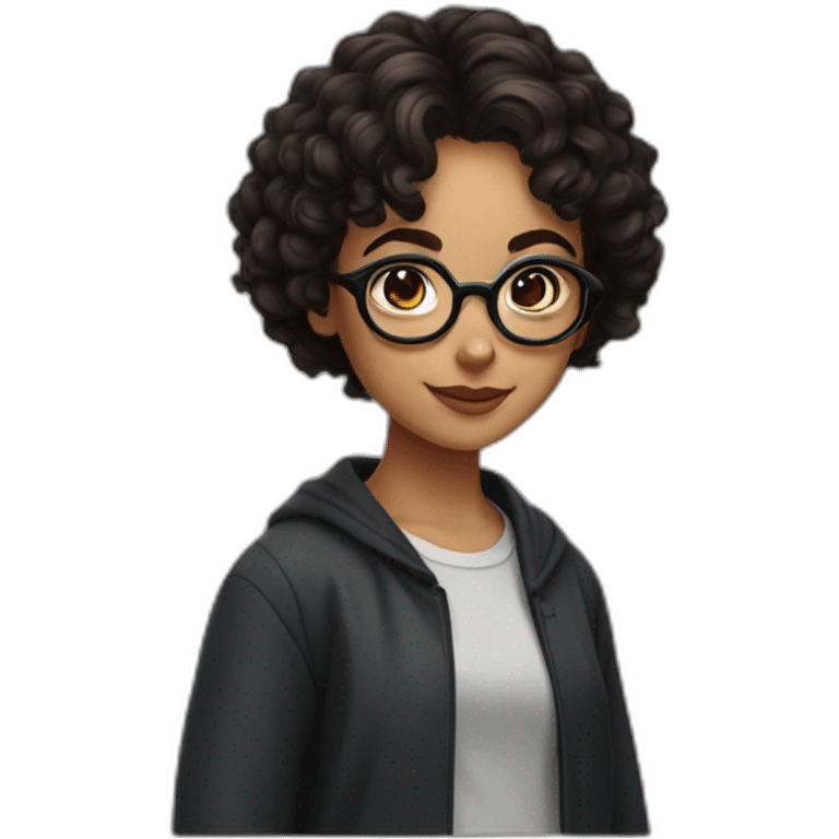 girl with short curly dark brown hair and harry potter glasses emoji