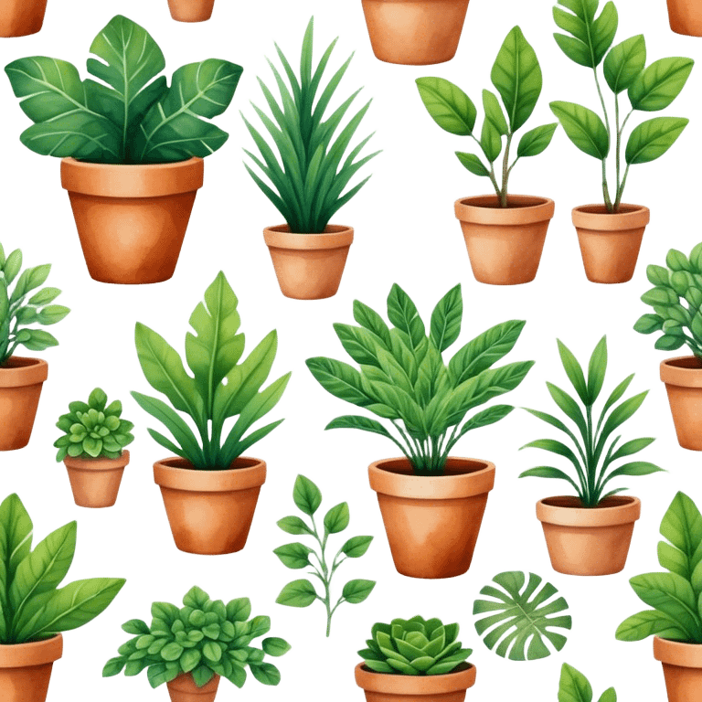 A stylized collection of leafy green plants in boho-inspired pots, arranged artistically in a watercolor painting. emoji