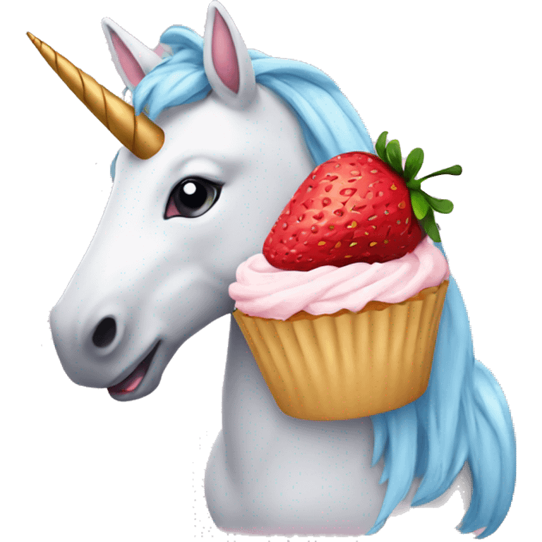 Unicorn eating strawberry cupcake emoji