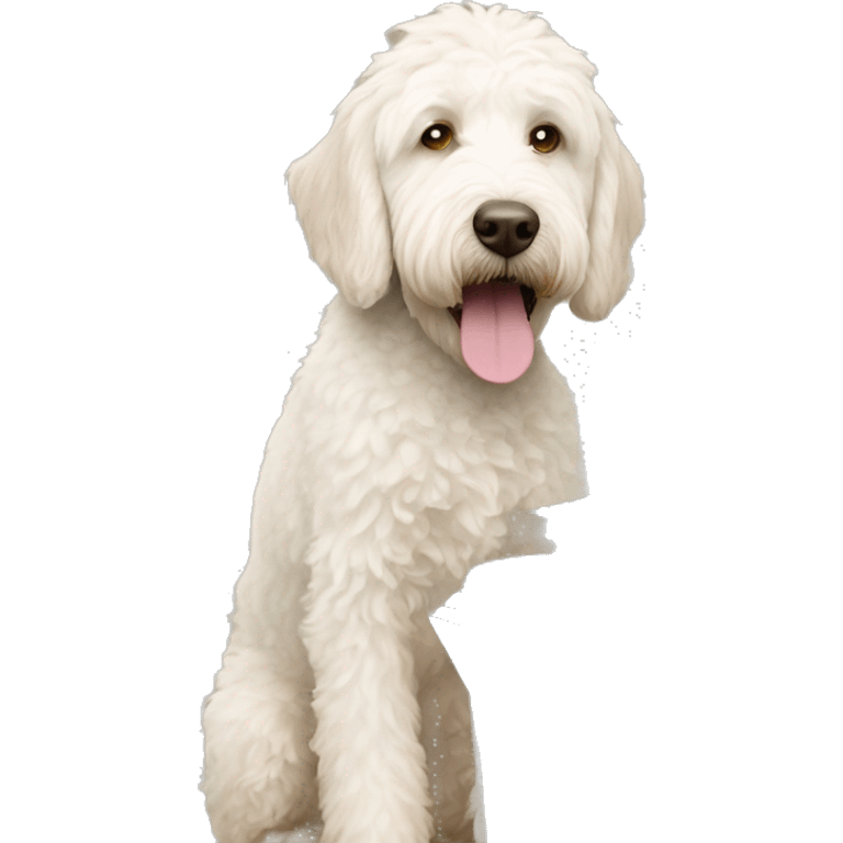 White labradoodle digging in kitchen garbage  can emoji