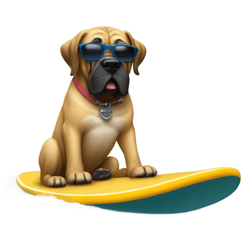 English mastiff riding on a surfboard wearing sunglasses emoji