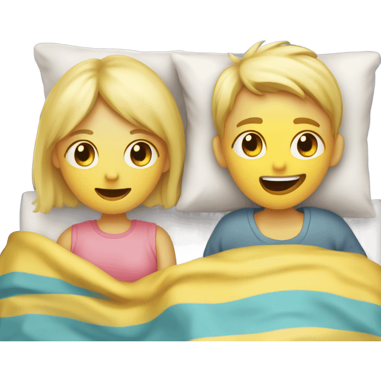 Two blonde children, one Boy, one girl, sick in beds, at home, get well soon sign with yellow heart emoji