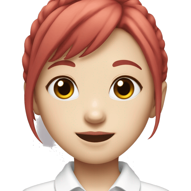 Pale Korean girl with red hair and bangs smiling with pink lips and white collared short sleeve shirt emoji