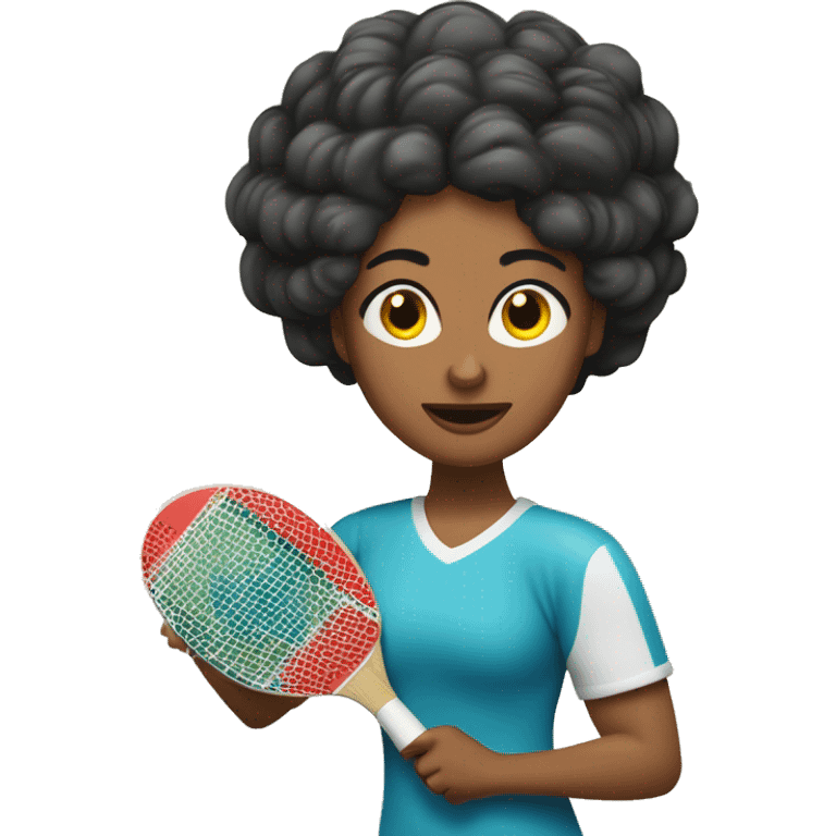 Deportista mujer de ping pong, con cabello rizado, tiene una prótesis en la pierna derecha y en el brazo derecho emoji