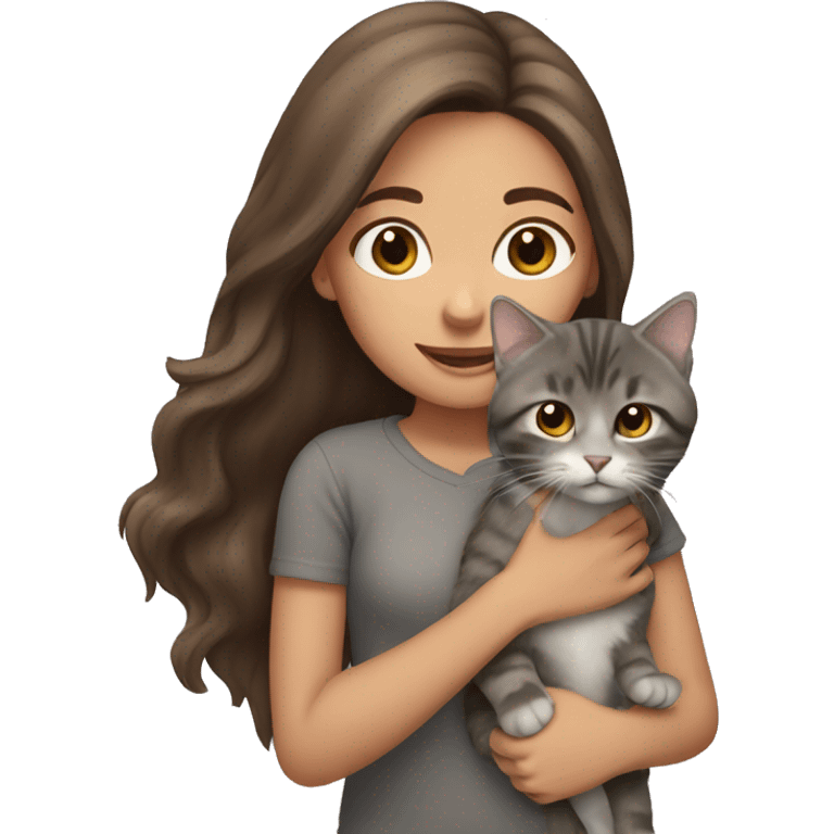 Brown long hair girl holding a tabby grey cat emoji