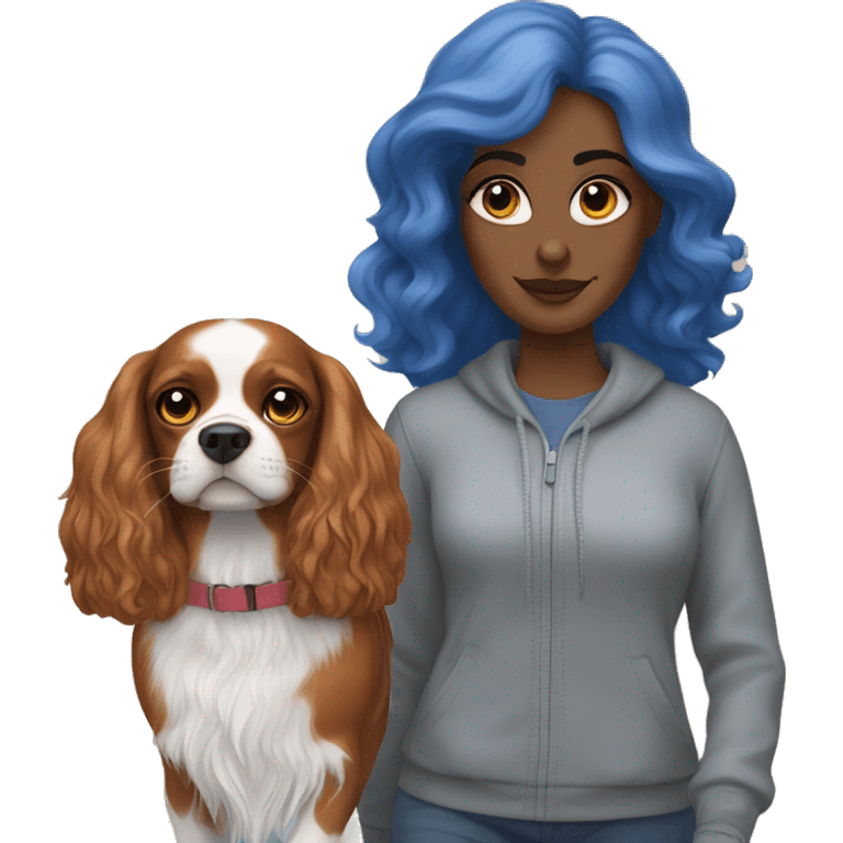 A white woman with blue eyes walks with a cavalier King Charles spaniel emoji