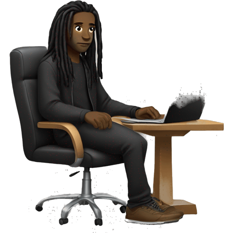 Black-guy-with-dreads-wearing-black-trackstuit-sitting-down-on-chair facing-foward-focused-on-laptop-computer- emoji