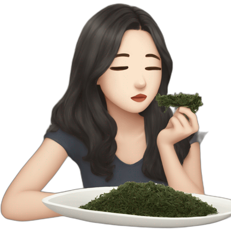 Girl watching television about kpop while eating toasted seaweed emoji