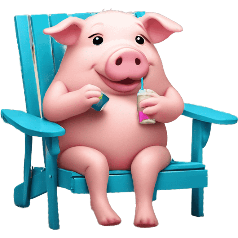 soft toy pig wearing swimshorts , alcoholic drink in hand , sitting on a chair on the beach  emoji