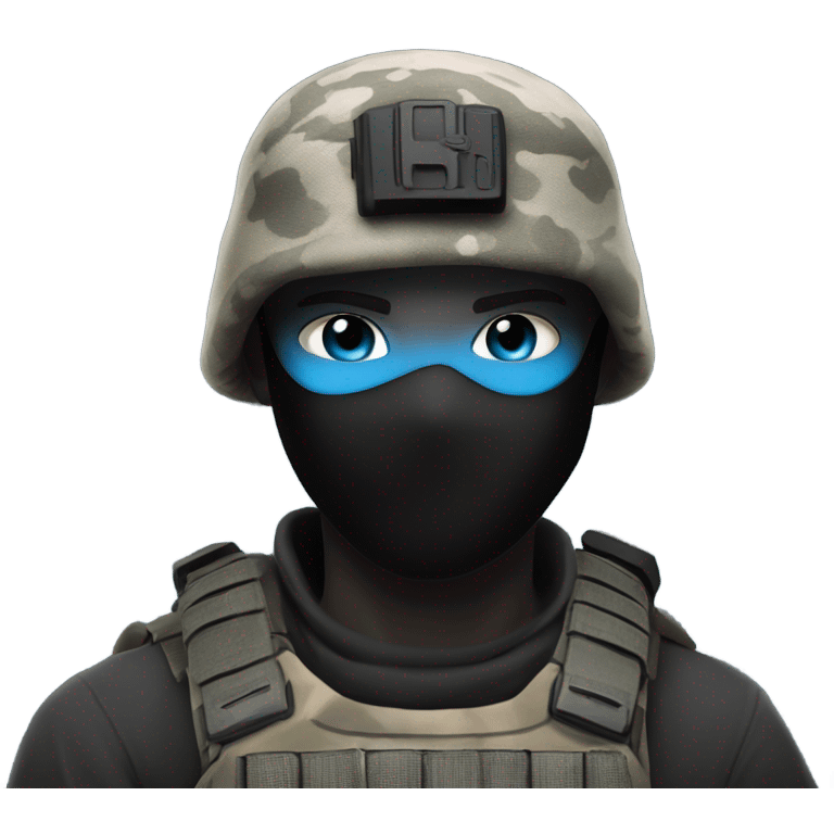 male, pale skin, call of duty black face mask, camo tactical gear, combat boots, black beanie, blue eyes emoji