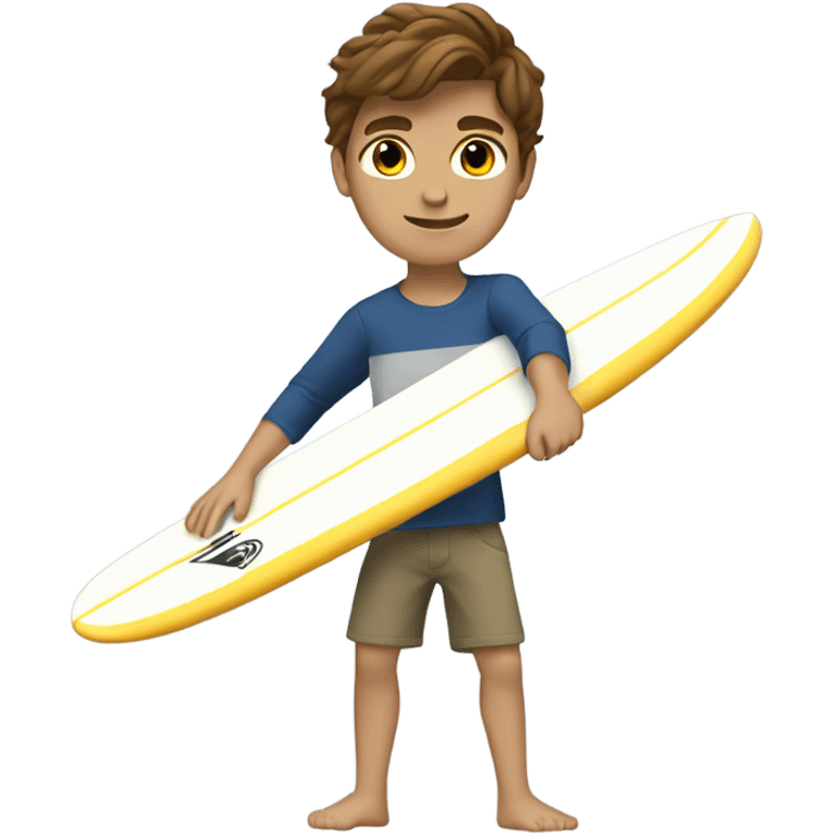 do a teenage boy surfing with brown hair light eyes and a cute outfit, full body legs arms emoji