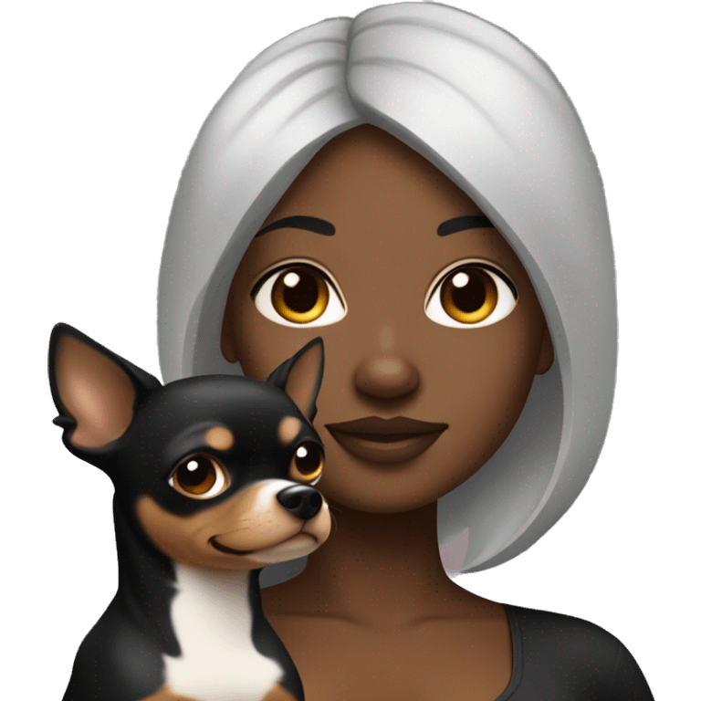 A curvy African American woman with dark skin and straightened black hair holding a black and brown chihuahua  emoji