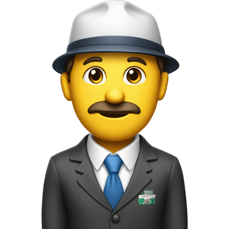 character is dressed in an outdated suit with a tie, showing a traditional or skeptical attitude, and wearing a cap with an oil company logo. emoji