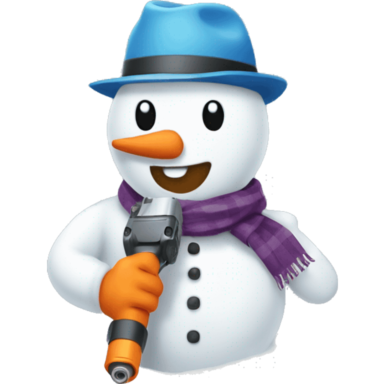 snowman with hat and scarf holding a powertool emoji