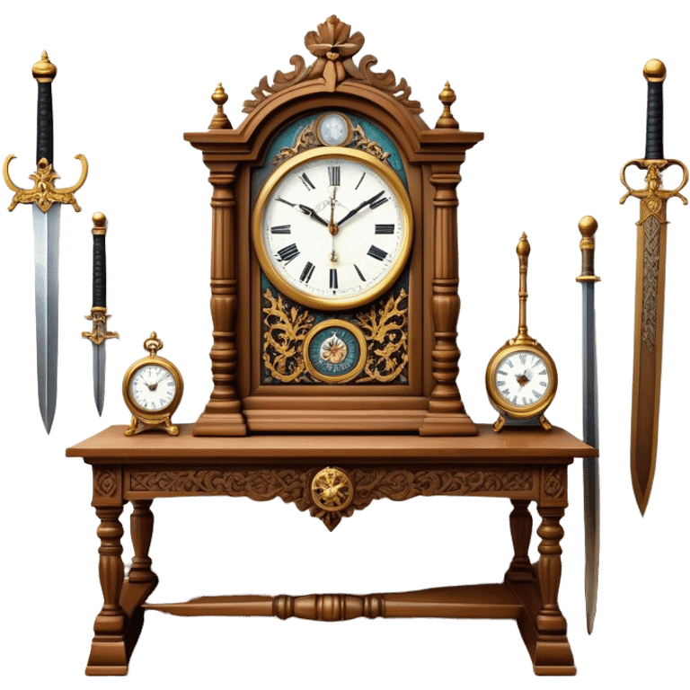 Icon for Antiques Collecting: a vintage clock, intricately carved furniture, famous paintings, antique swords, and rifles. The items are displayed on a wooden table or shelf. The icon should evoke the rich history and craftsmanship of antique collecting. Transparent background. emoji