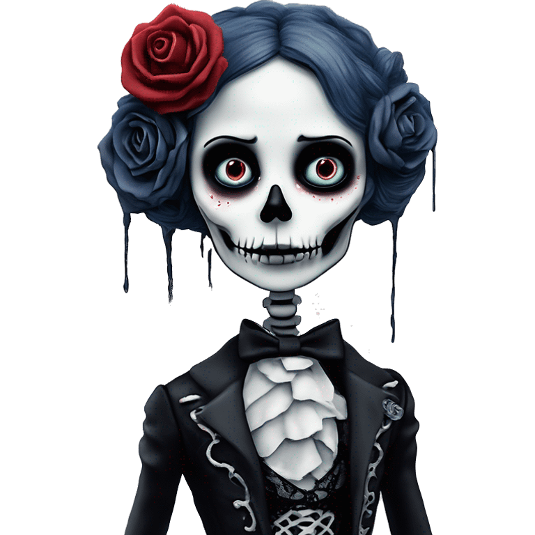 full height skeleton, tim burton "corpse bride", thin porcelain doll with a cracked face, goth makeup watery eyes, long hair, lace and ruffles, lolita style, inked, black and white, red roses emoji