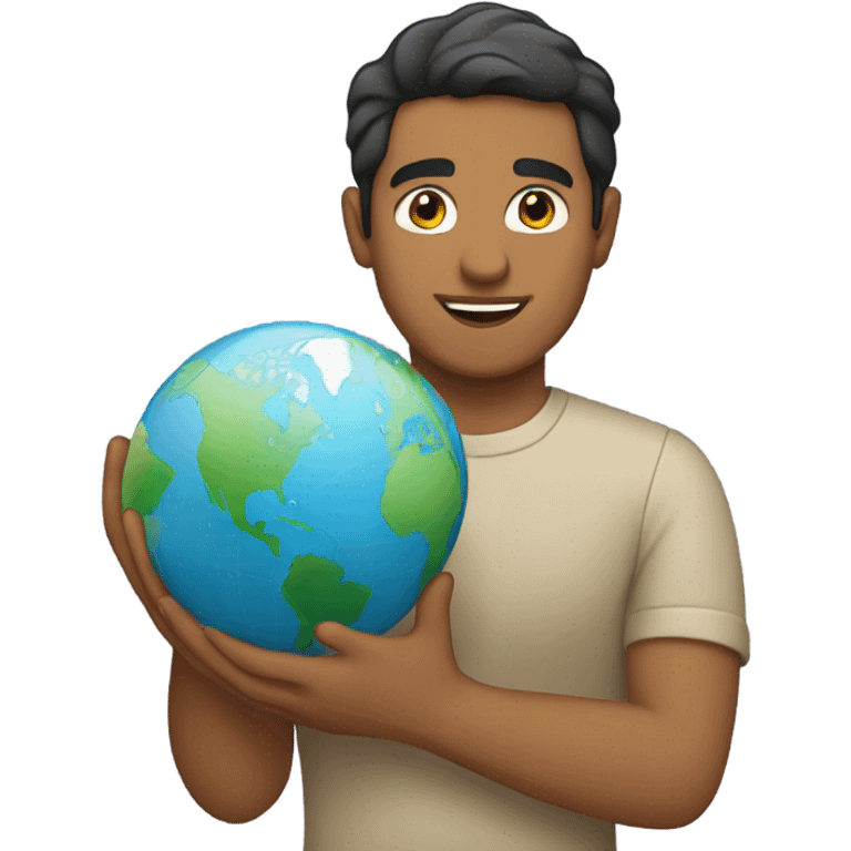 Latino man holding the earth emoji