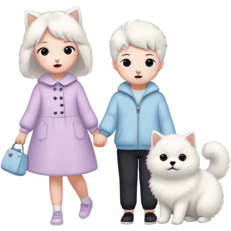 children in pastel clothes play with a Samoyed and a black British cat emoji