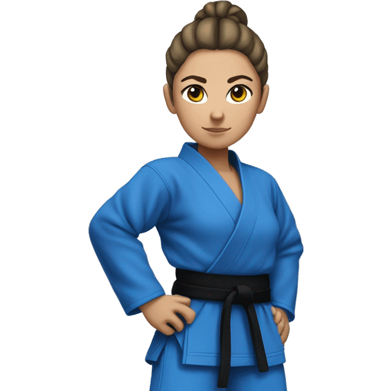 female judo athlete all blue robe with black belt, serious face, hair in a bun. Plus sided, full body emoji