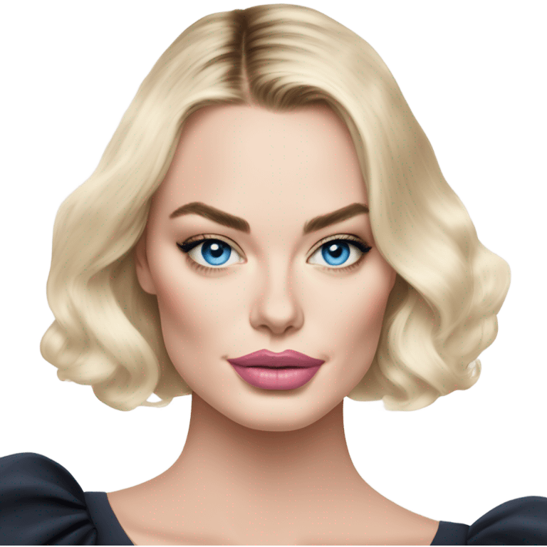 Margot Robbie vibes. Hot girly pale blonde with blue eyes and light pink lips wearing YsL. Puffed sleeve shirt emoji