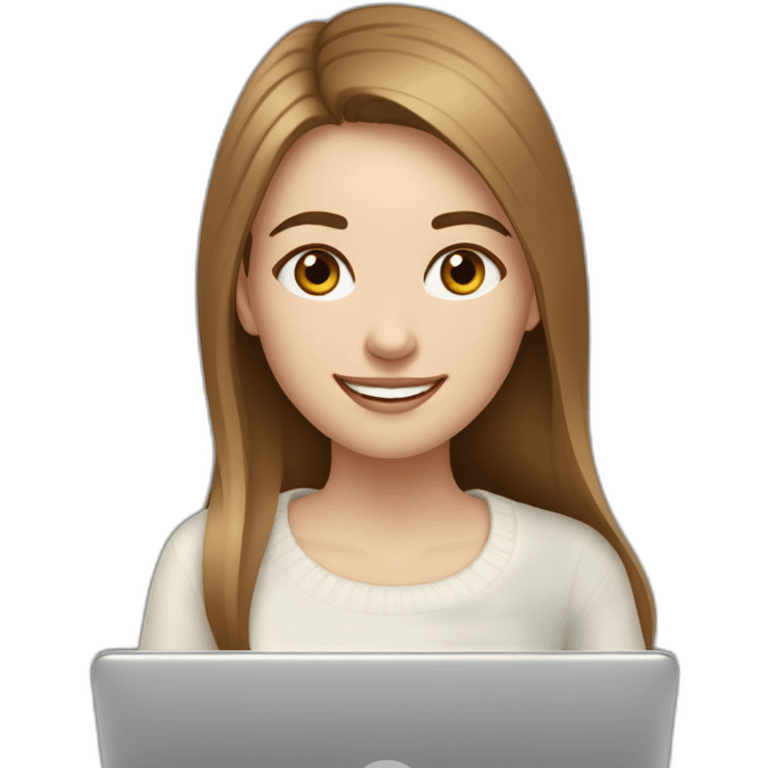 smiling woman with pale skin and middle brown long straight hair wearing a white woolly shirt and working on a two laptops emoji