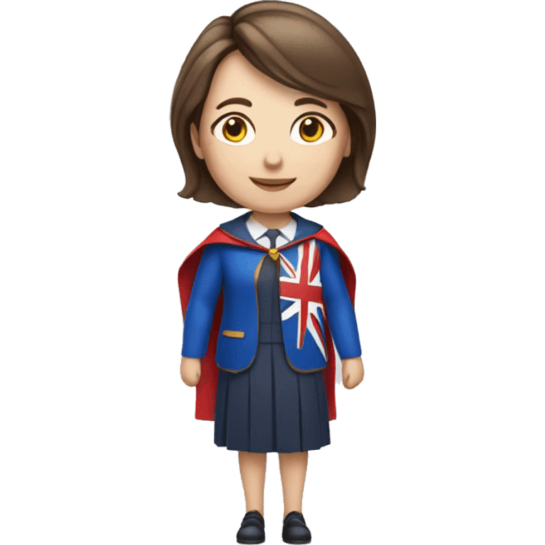 superhero female headteacher with short straight brown hair and blue dress and union jack cape  emoji