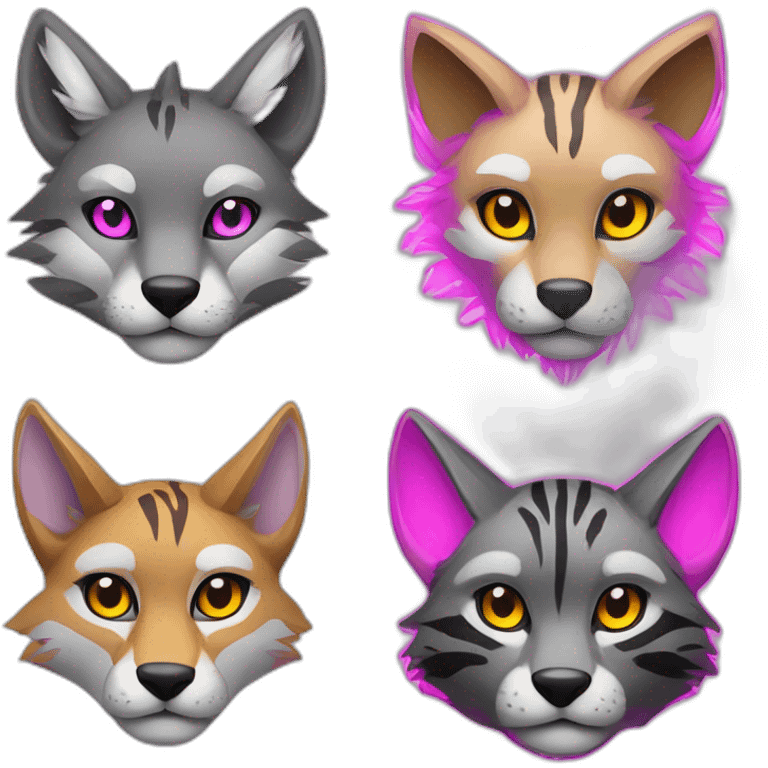 Coyote with grey and black fur, neon lights, ocelot with pink ears, clouded leopard, ocelot coyote hybrid with Phoenix wings emoji