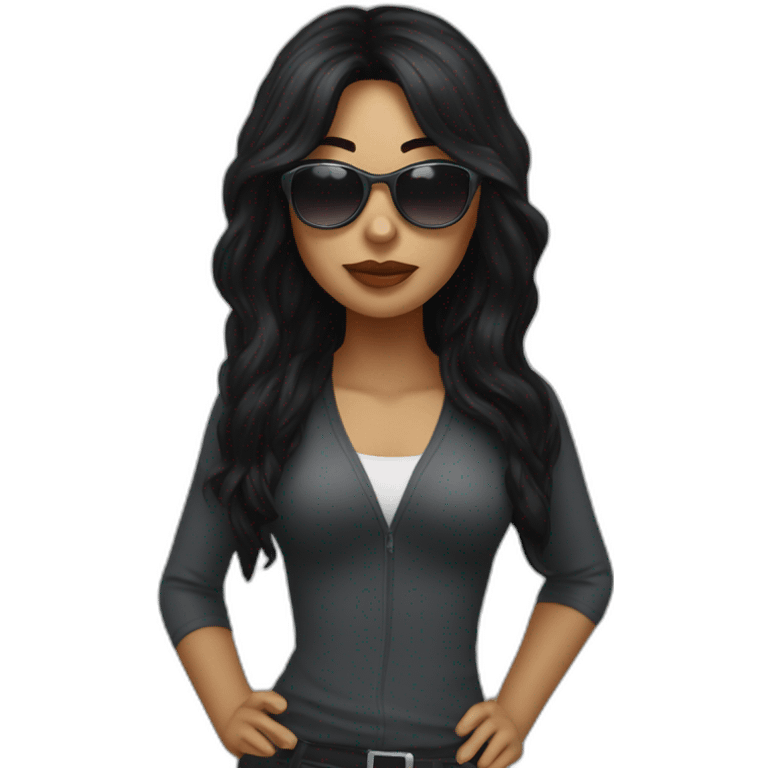 solo girl with long black hair with sunglases and computer emoji