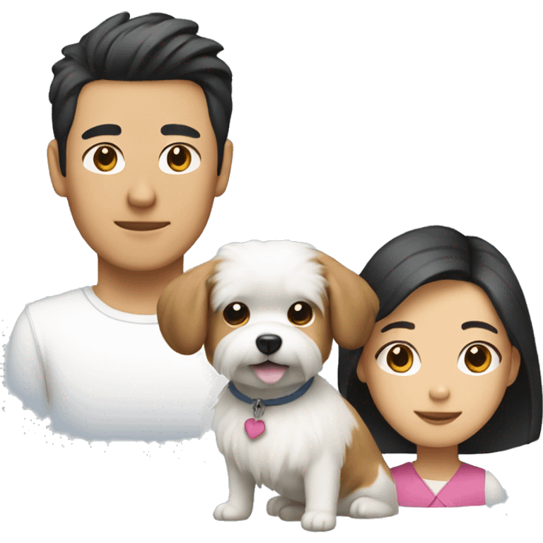 an Asian couple (the guy's hair is long) with a small white fluffy dog emoji