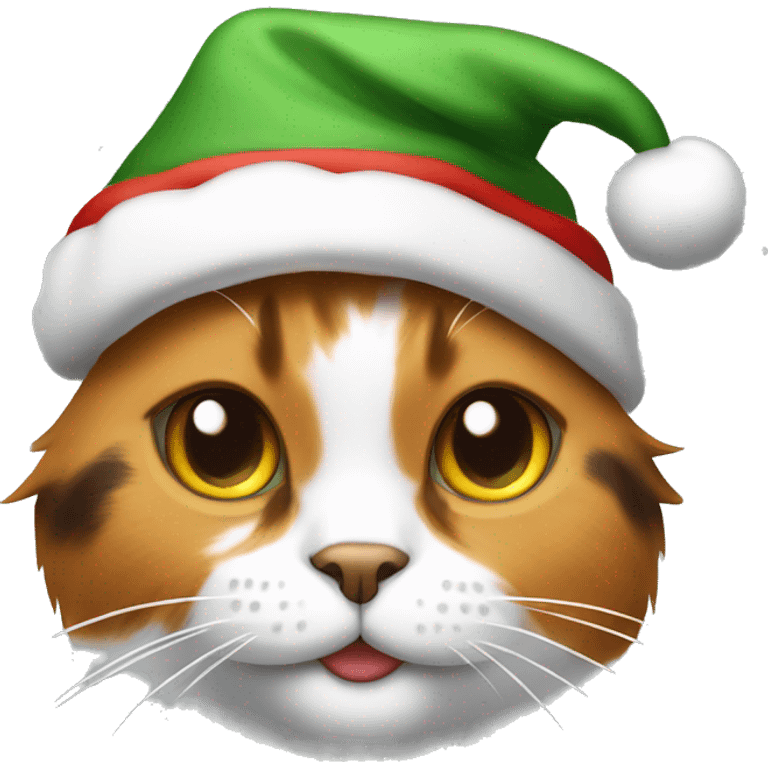 Calico cat wearing a Christmas hat emoji