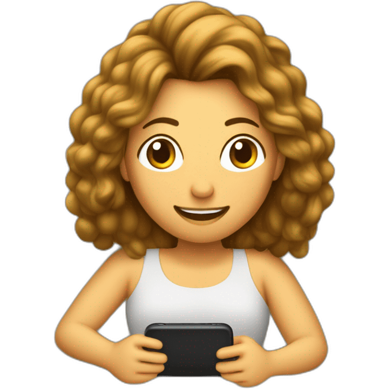 Mujer blanca de pelo castaño  delgada  chateando en un celular  sentada en una sofá emoji