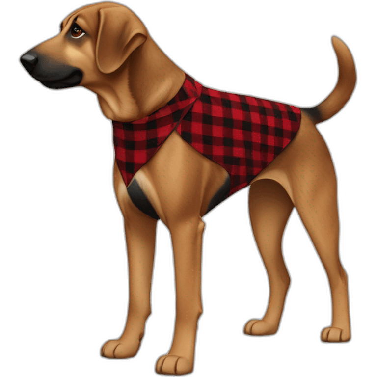 75% Coonhound 25% German Shepherd mix dog wearing small pointed red buffalo plaid bandana pointing down side view full body facing left emoji