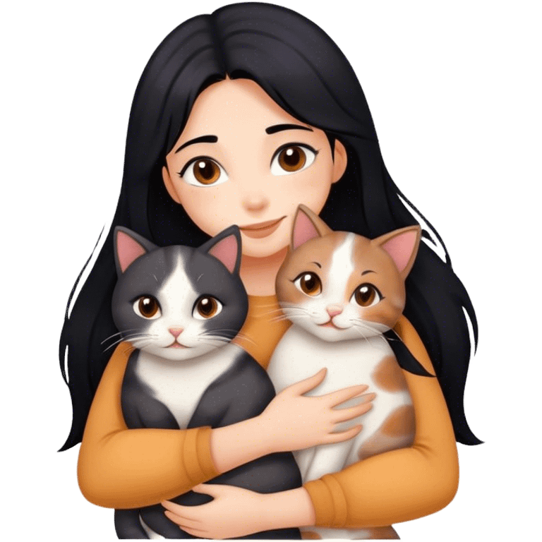 happy girl with black hair hugging three cats  (dark calico cat, gray cat, brown calico cat) emoji