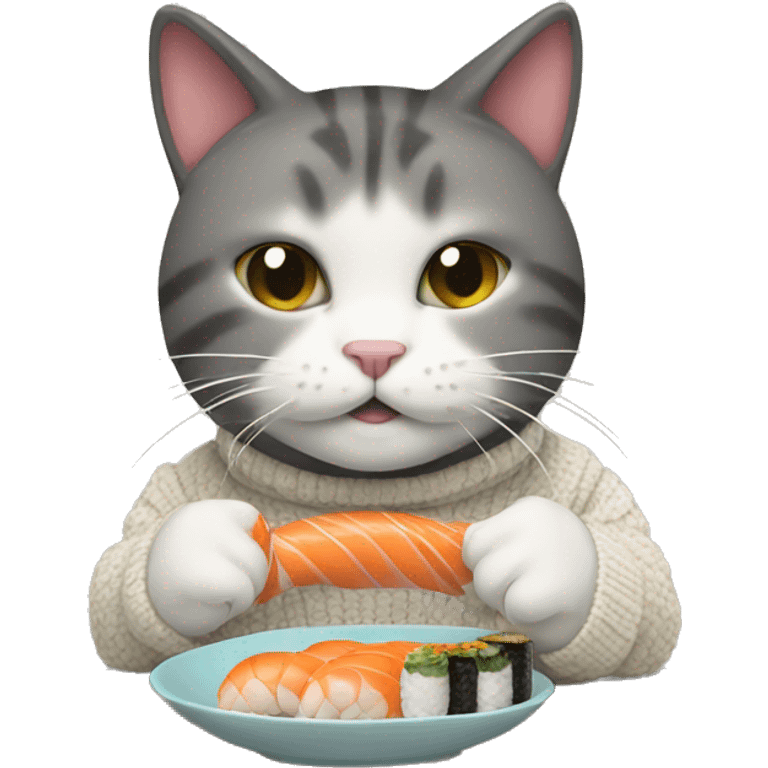 A cat wearing a sweater eating sushi  emoji