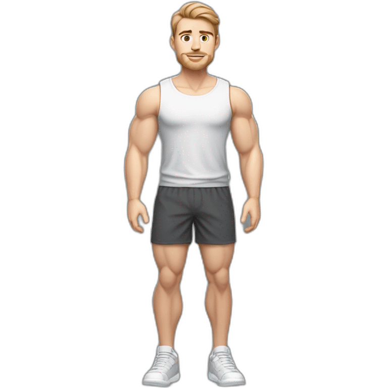 Full height Pale skinned muscular man With Realistic eyes and mouth, light brown hair and stubble In dark gray sleeveless mike, black oversize sports shorts, watch and white sneakers. emoji