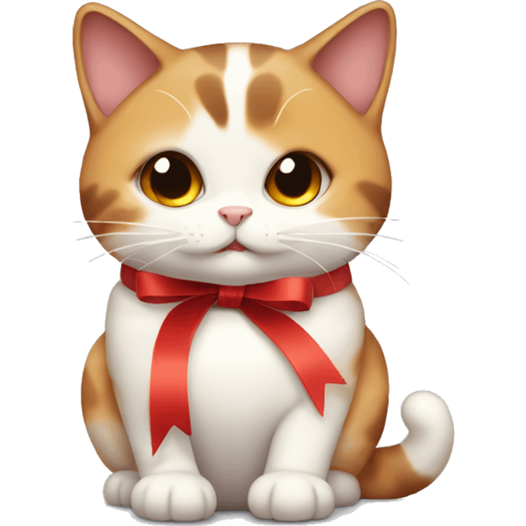 Chubby Calico cat wearing a red ribbon around its neck  emoji