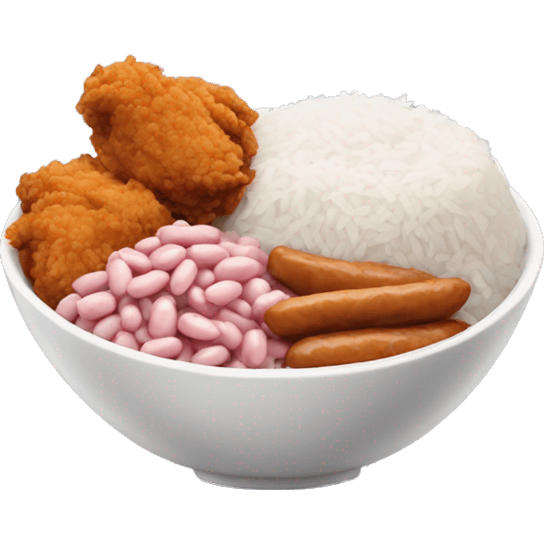 bowl with white rice, pink beans and fried chicken drums emoji