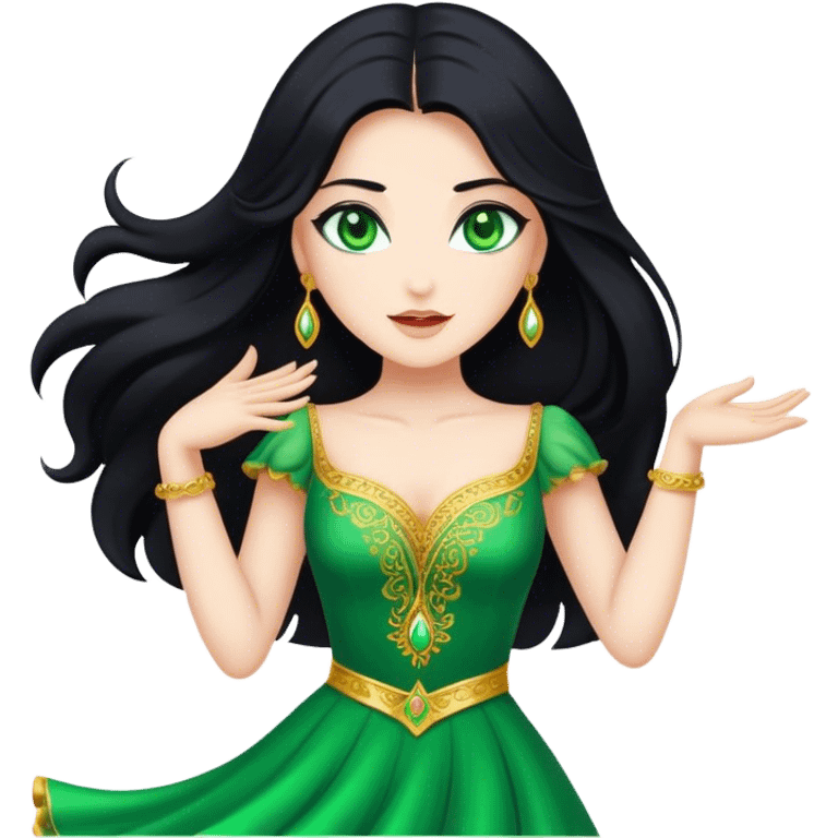 Beautiful lady with long black hair and green eyes dancing emoji