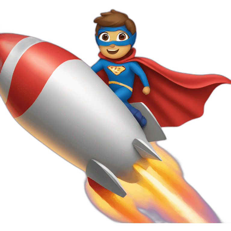 person dressed with a superhero cape is riding on a rocket emoji