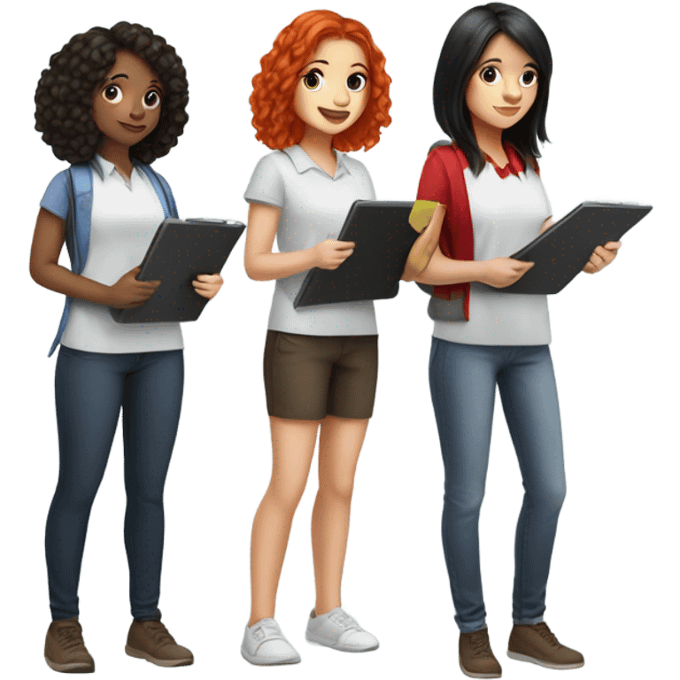 Girl with black hair, brunette girl, and bright red hair girl conducting surveys on clipboards and ipads emoji