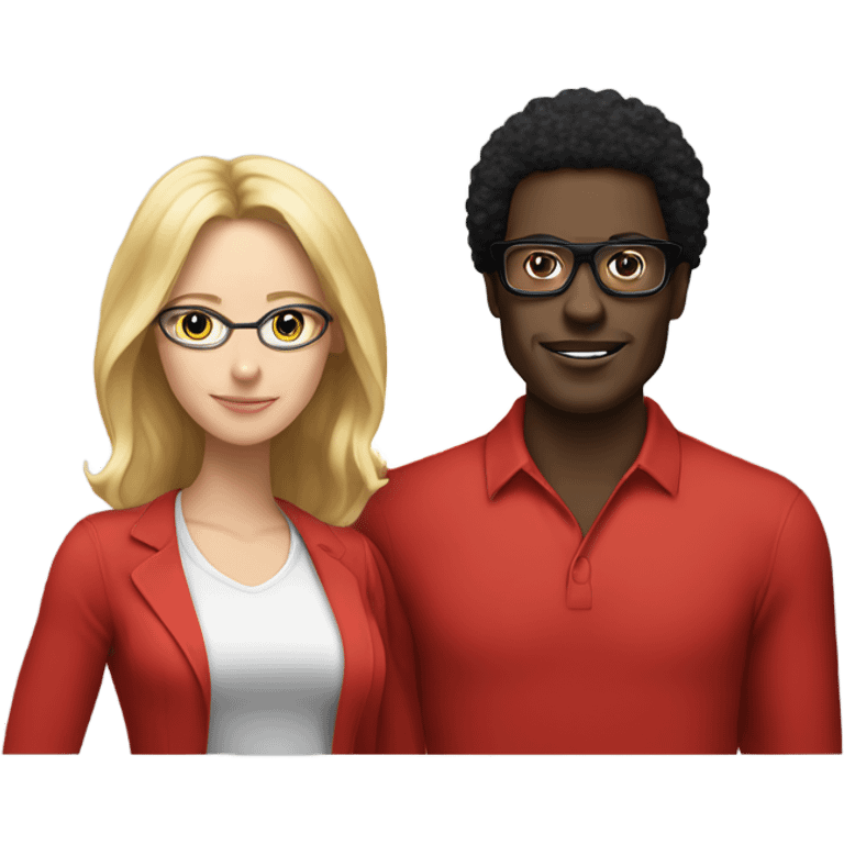 “black man with black afro and glasses and wearing a long sleeved red shirt standing next to a white woman with long blonde hair” emoji