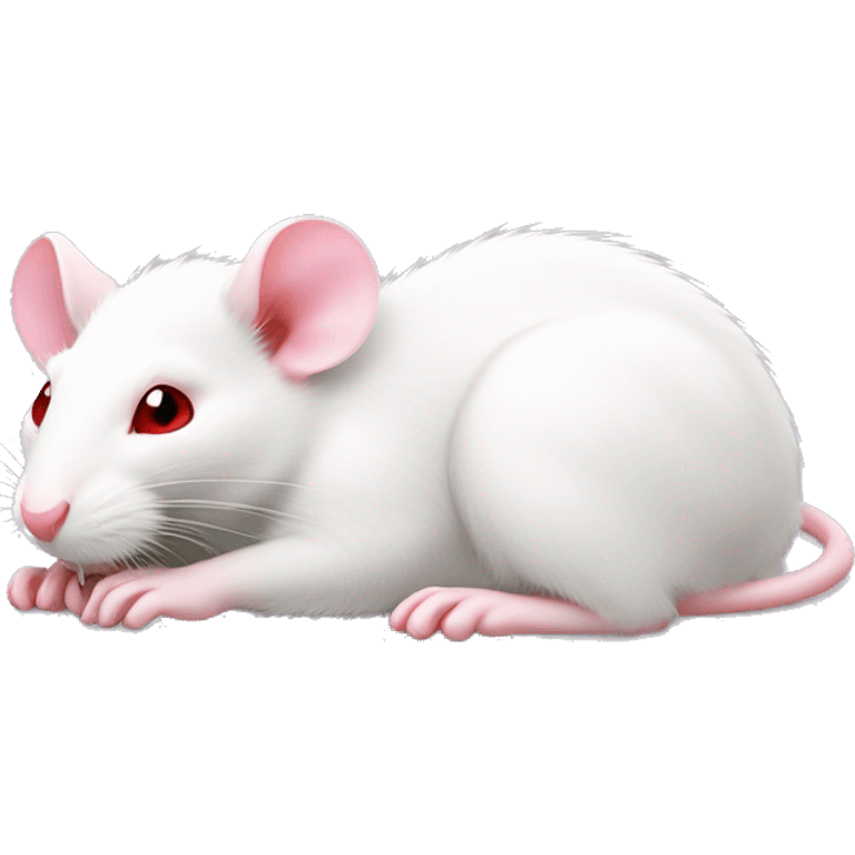 Realistic white rat with small ears, bright red small eyes and baby pink tail and baby pink paws in sleeping position neutral face eyes open body is lying down curled up emoji