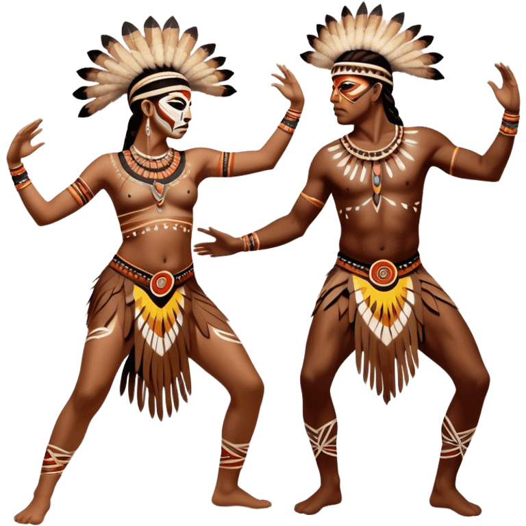 Cinematic Realistic scene of two indigenous dancers performing an Aboriginal Corroboree, adorned in intricate traditional body paint and ceremonial attire, captured in fluid motion with earthy tones and vibrant, cultural lighting emoji